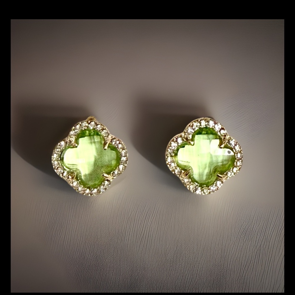 Gold-Tone Green Clover Stud Earrings with Crystal Halo